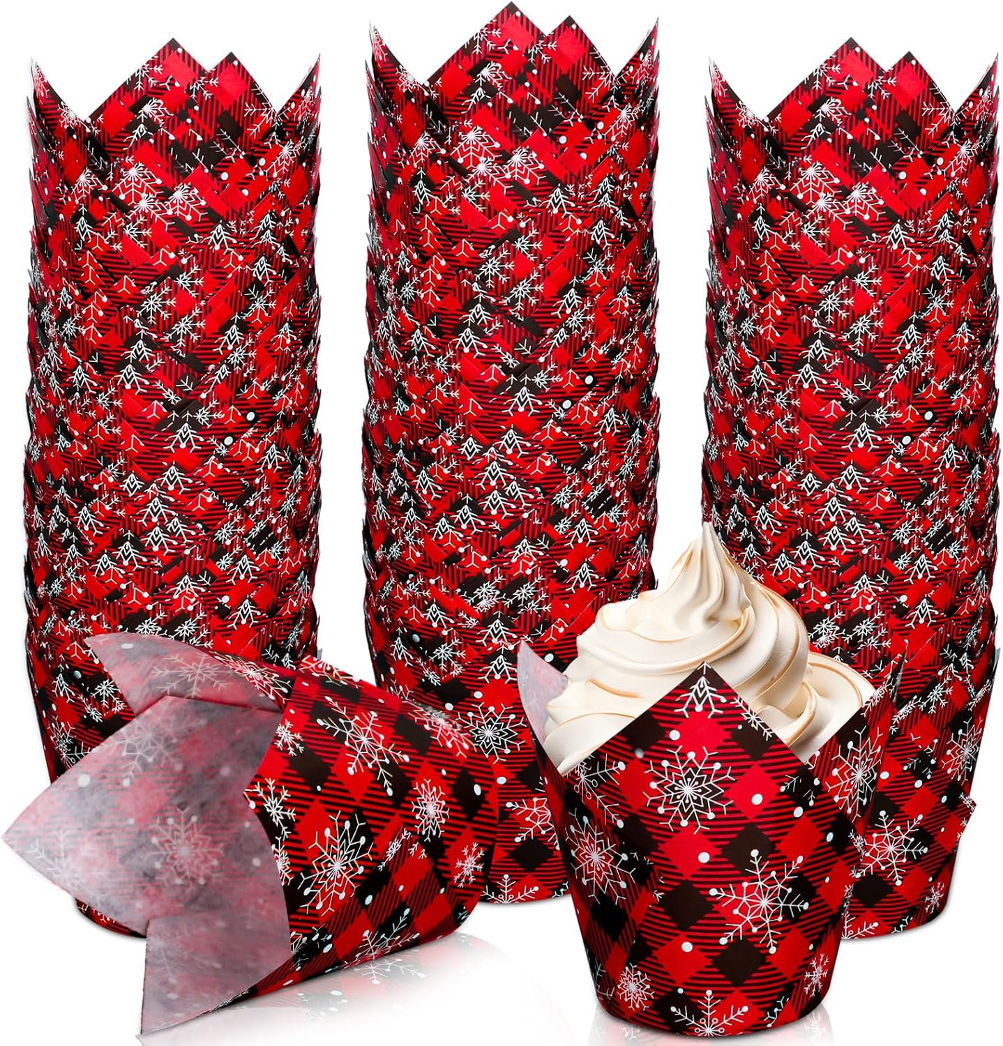 Whaline 200Pcs Christmas Plaid Tulip Cupcake Liners Plaid Snowflake Muffin Tulip Baking Cups Xmas Red Black Tulip Cupcake Wrappers for Holiday Party Supplies image number 5