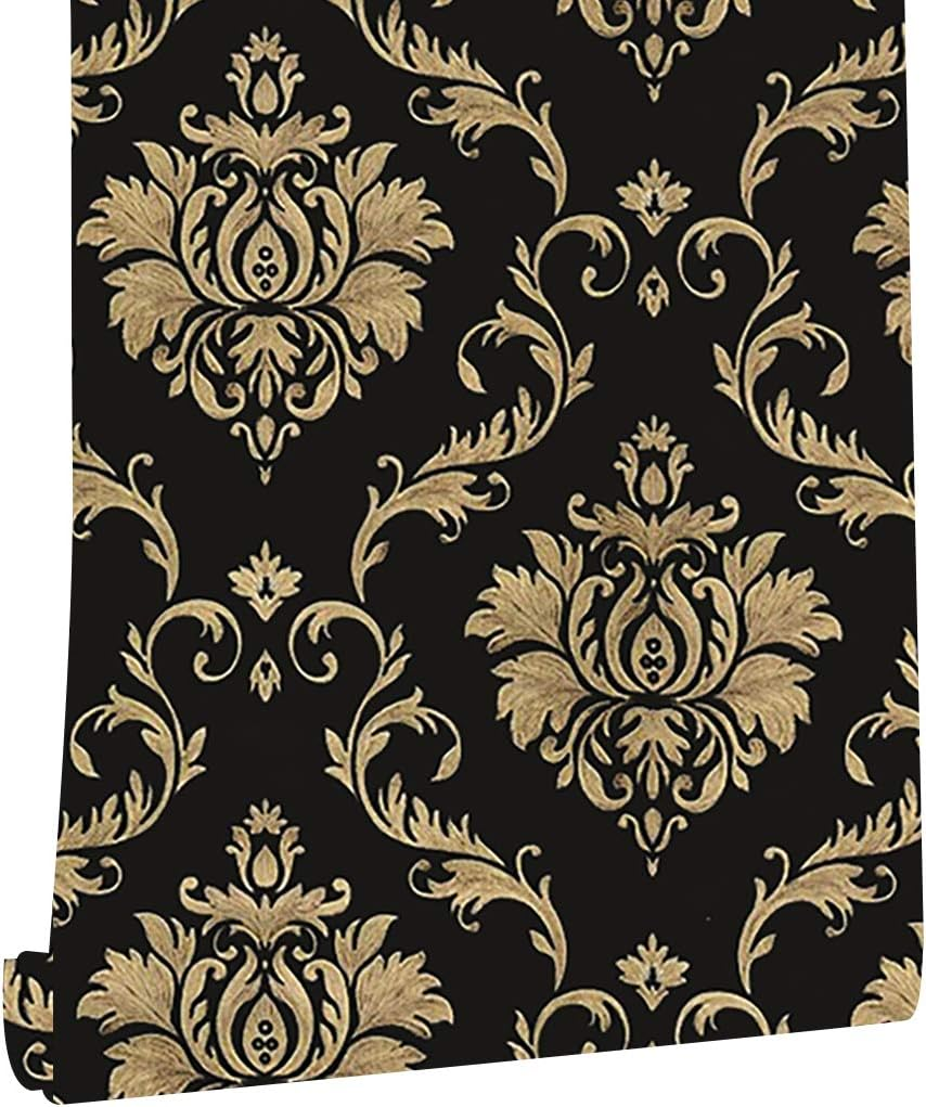 JLHOUSE 1301-3 Vinyl Black and Gold Damask Victorian Wallpaper Peel and Stick Contact Paper Removable Textured for Bedroom Livingroom D&eacute;cor 45Cm X 300Cm image number 6