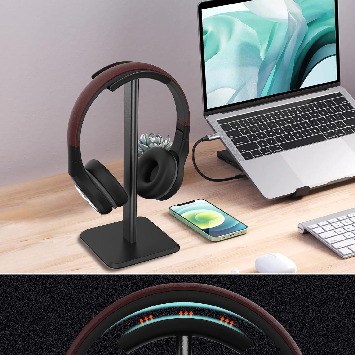 Headphone Stand, Headset Stand with Aluminum Supporting Bar, ABS Solid Base Universal Fit for Gaming Headsets, Wireless Headphones Black image number 3
