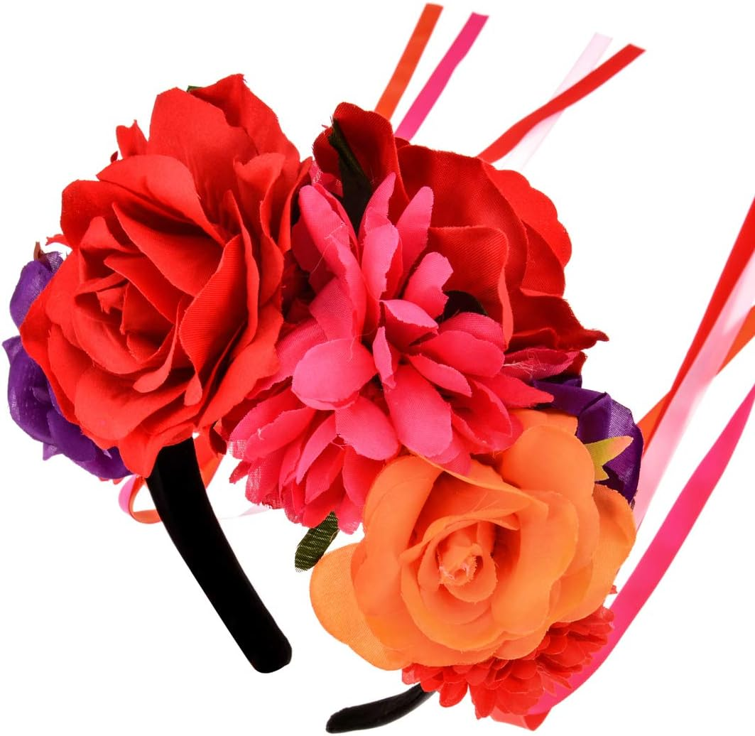 Day of the Dead Flower Crown Festival Headband Rose Mexican Floral Headpiece HC-23 - A-Rainbow Headband image number 4