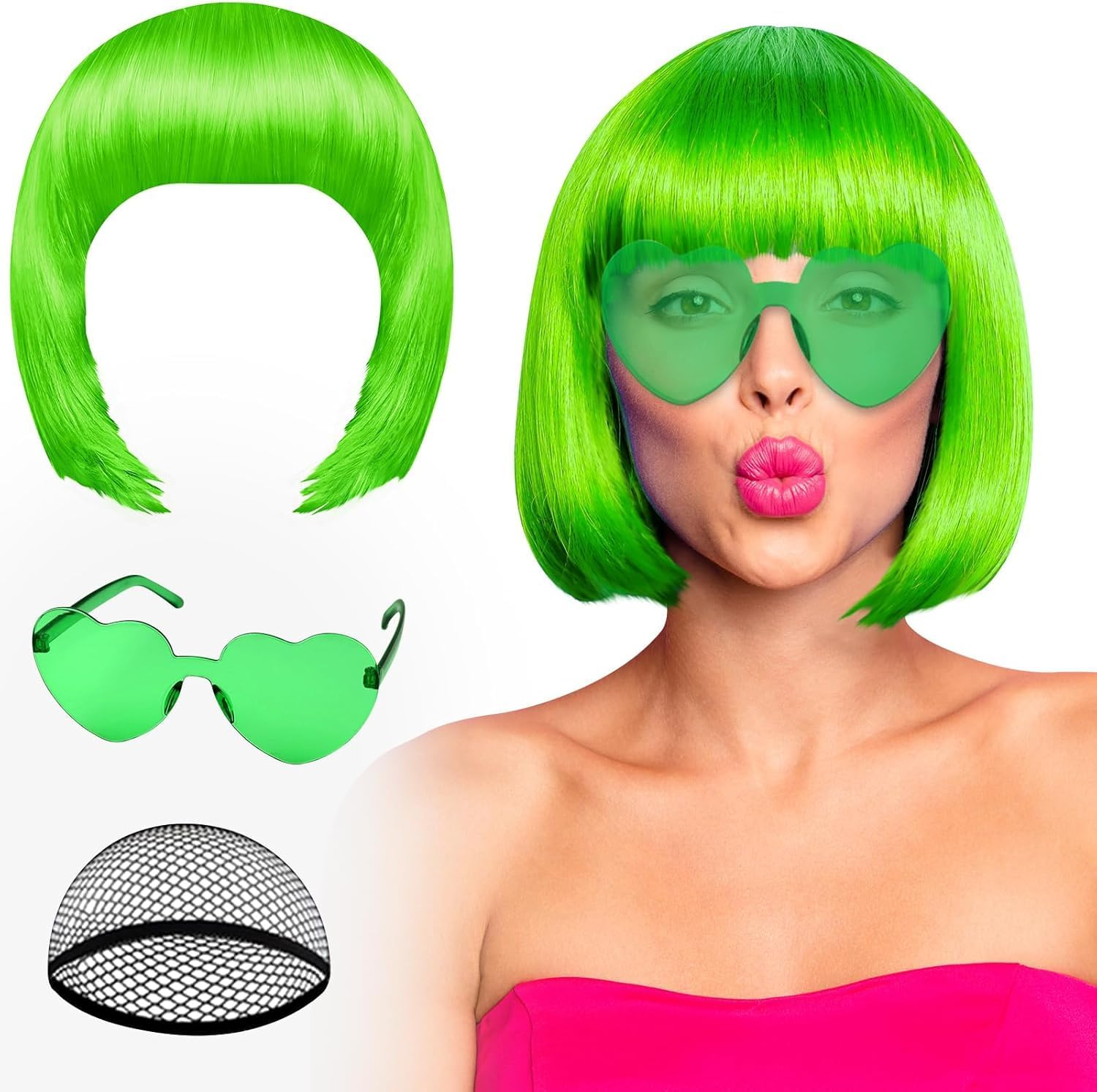 Green Bob Wig, Green Wigs for Women with Double Heart Sunglasses and W-Ig Net Bag,Colourful Wig Perfect for Cosplay, Party, Hall-Oween,Fashionable and Comfortable image number 1