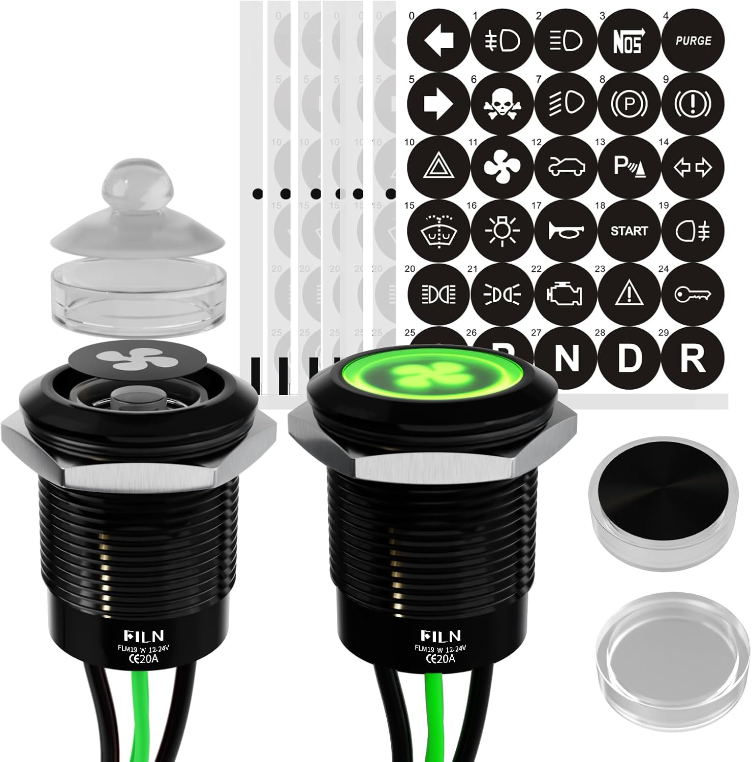 FILN-2PCS Latching Pushbutton Switch Power Includes 180 Replacement Symbols 12V 19Mm Mounting Hole 20A IP67 Waterproof for Cars Boat(Green)