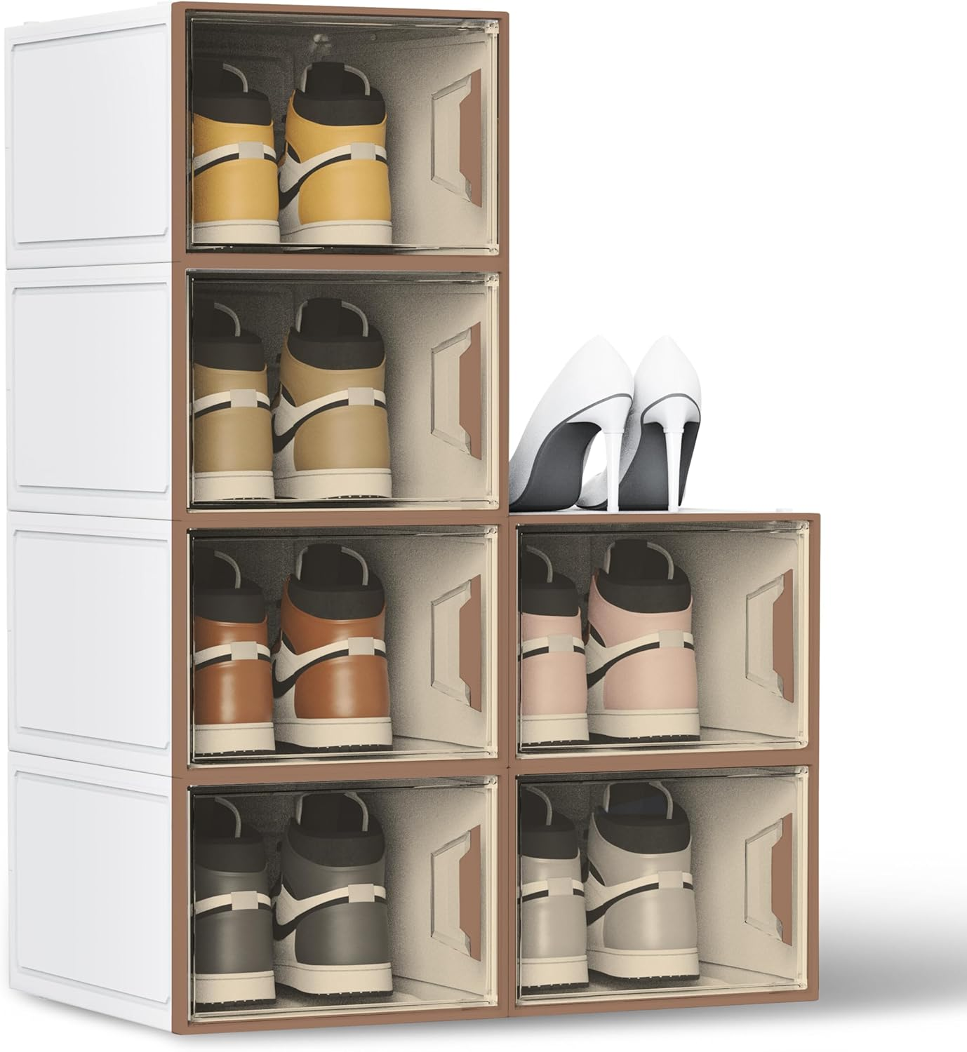 SEE SPRING 6 Packs Large Hard Plastic Shoe Organizer Box Compatible with Christian Louboutin Magnetic Door, Sturdy Stackable Clear Bins, Toy Storage, Entryway Rack (6 Packs - Coffe&Clear)