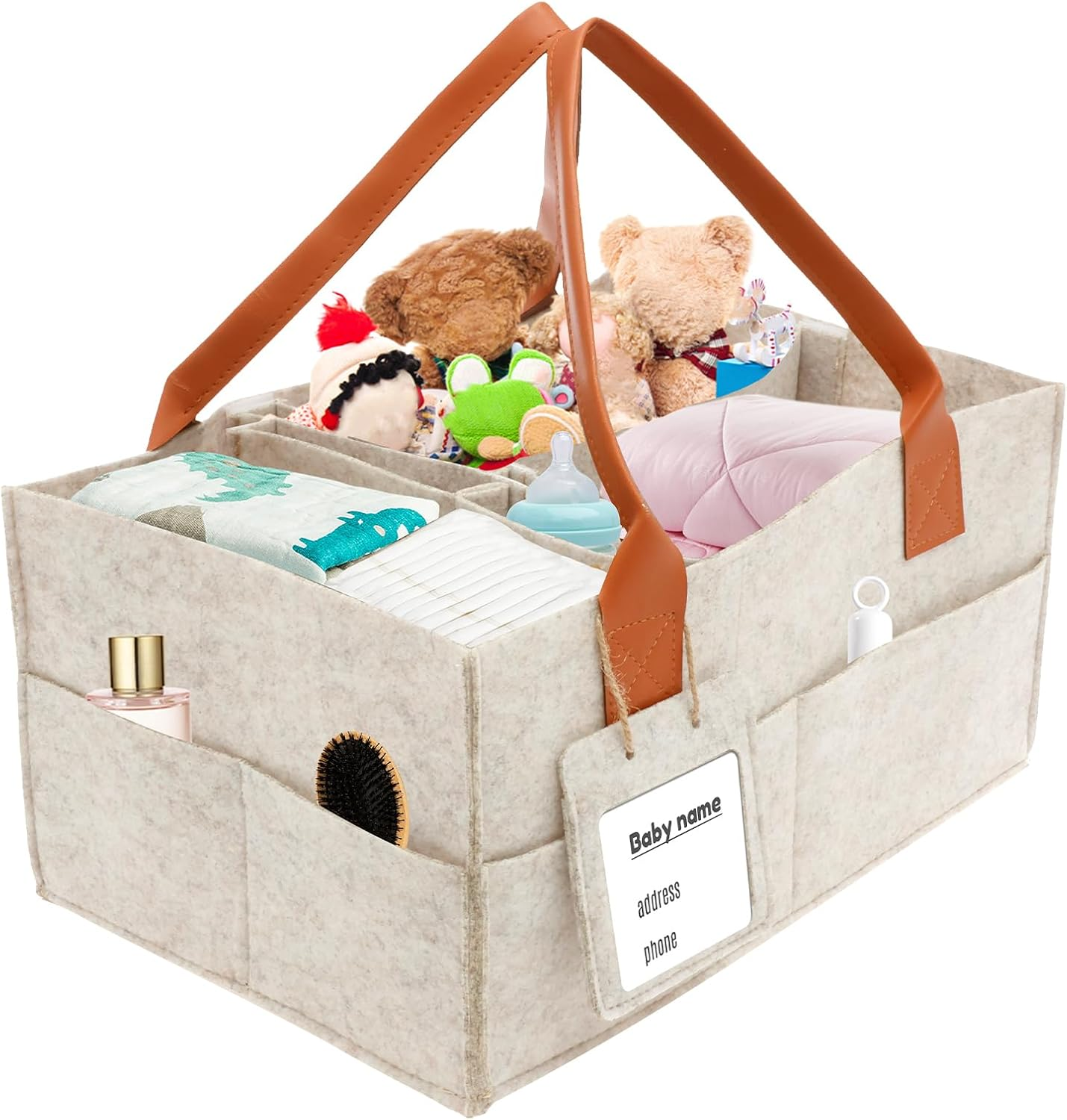 Baby Diaper Caddy Organizer, Nursery Storage Basket for Newborn Essentials Portable Thickened Felt Baby Diaper Caddy with PU Leather Handle Multiple Compartment for Home Outdoor New Parent