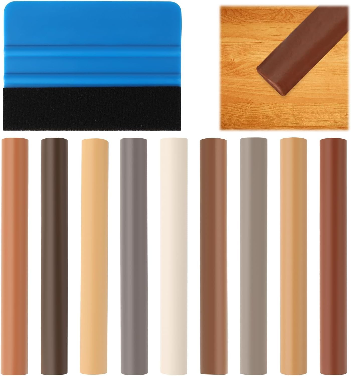 9 Colors Wood Filler Sticks, Laminate Wood Floor Repair Wax Sticks with Blue Scraper, Touch up Wax Sticks, Heatable Wood Repair Stick for Wooden Door, Tables, Holes, Floor, Scratches and Cabinets image number 1