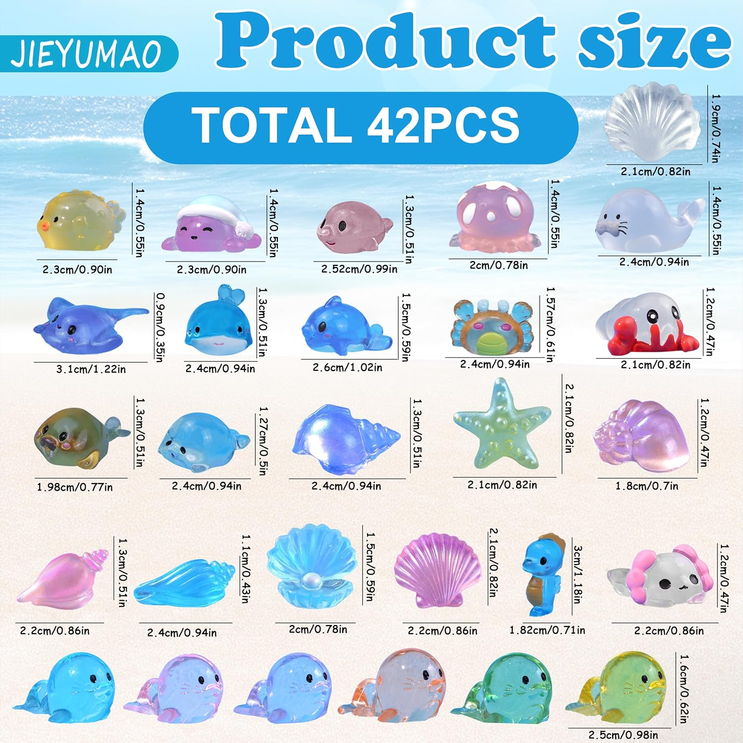 JIEYUMAO 42Pcs Mini Marine Animal, Various Styles Resin Ocean Animal Figurines for Adults, Multicolor Glow in the Dark Mini Resin Animals Tiny Sea Animals Figurines for Fish Tank Potted