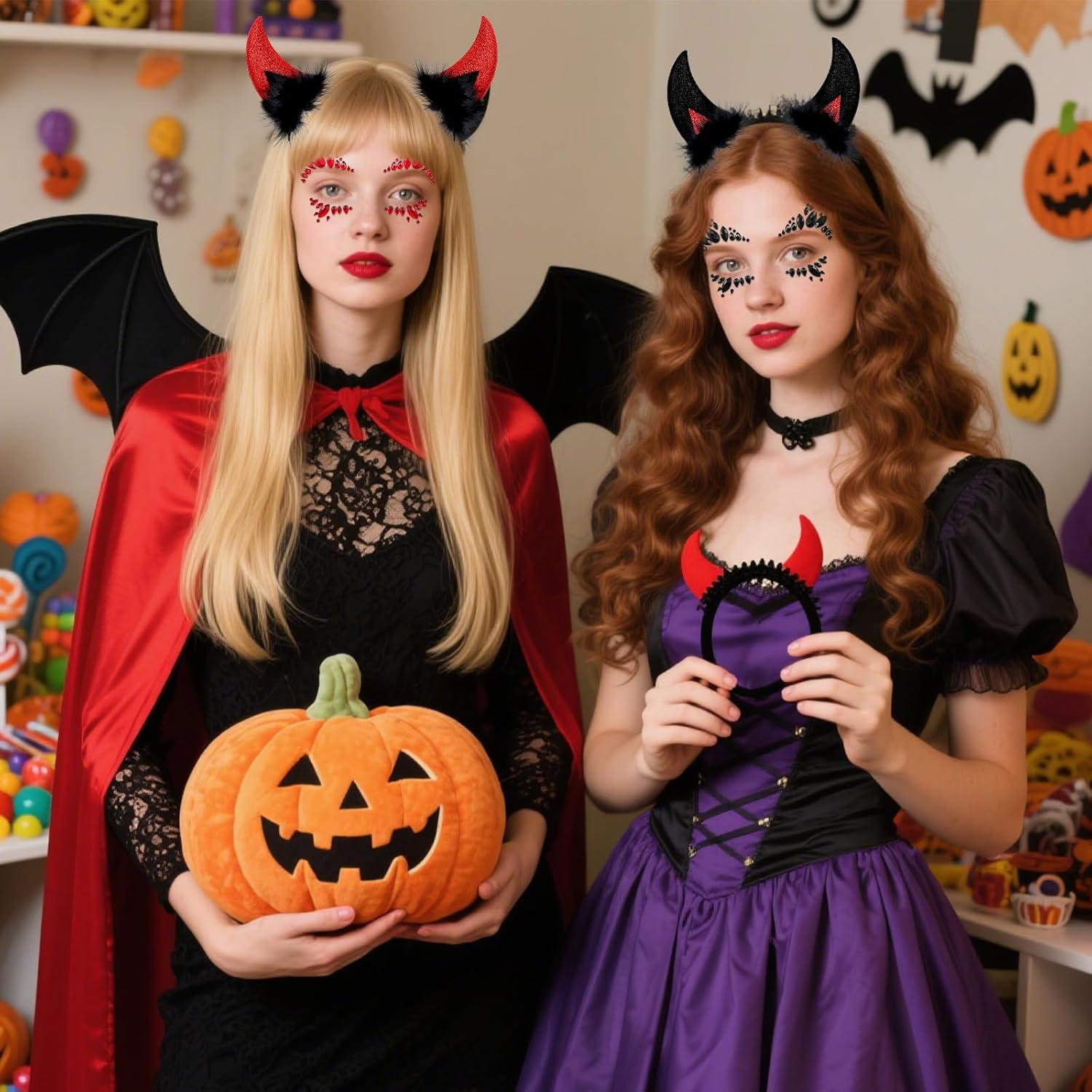 NHTJTHE Devil Horns Headband with Glitter Stones Face, 1 Piece Red Devil Horn Hair Band + 1 Piece Red Shiny Face, Face Tattoo Halloween Cosplay Festivals Birthday Parties image number 2