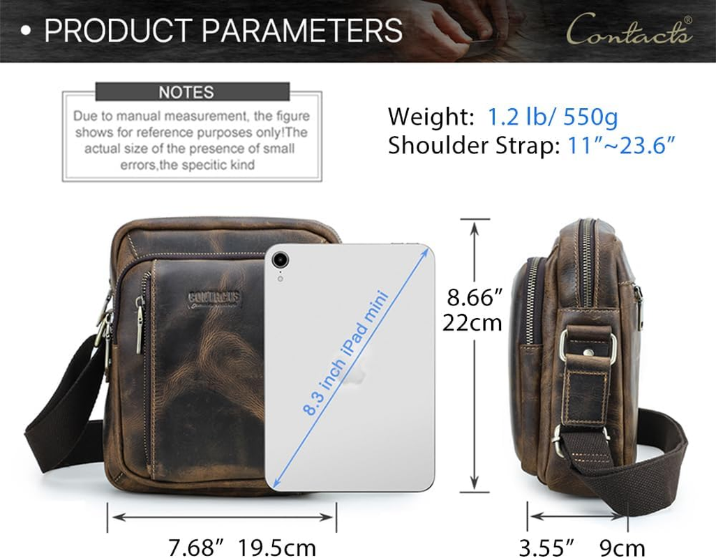 Contacts Crazy Horse Leather Small Messenger Bag for Men 7.6"X8.6" Crossbody Shoulder Bag Travel Ipad Sling Purse Brown Side Bag, Dark Brown image number 3