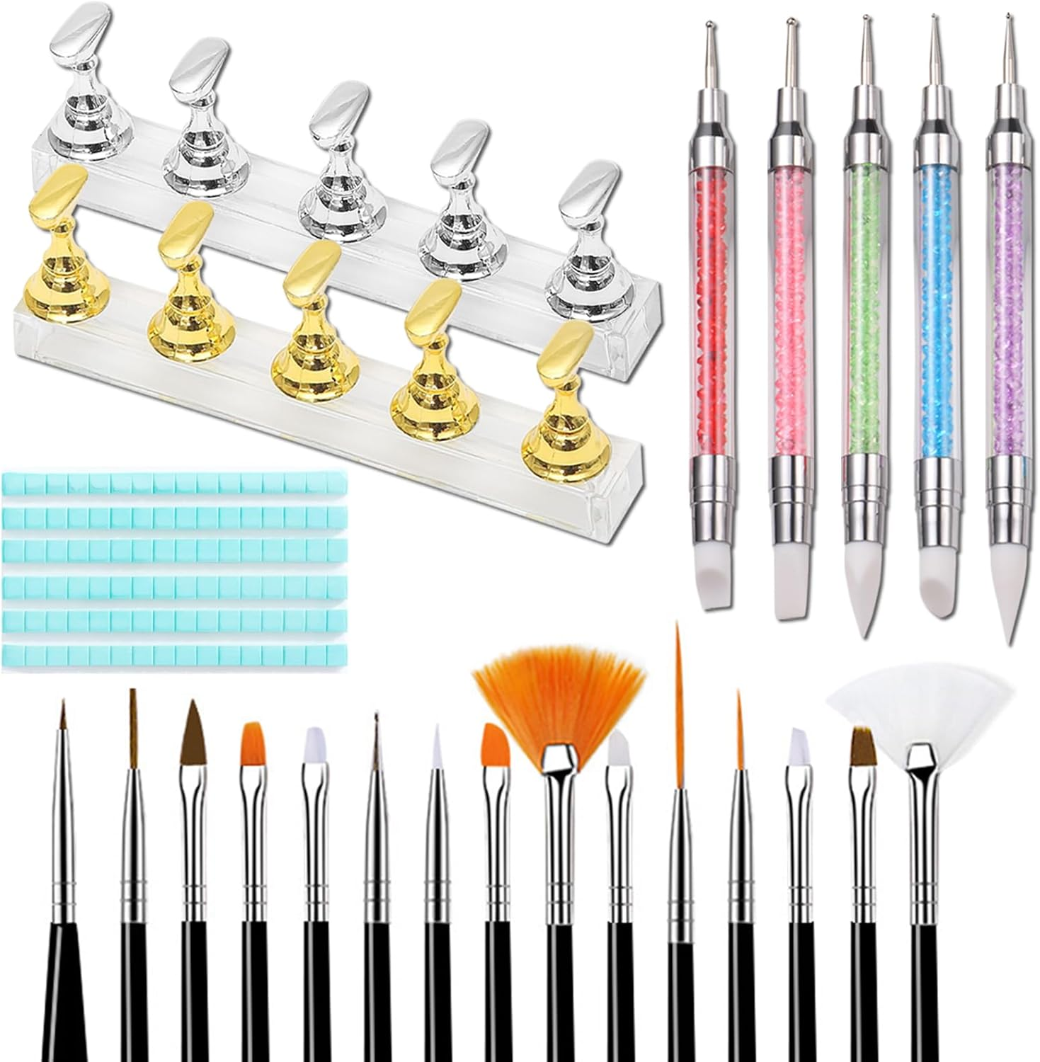 Nail Art Brushes and Tools Set&ndash; 15 Pcs Nail Art Brushes, 5 Pcs Dual-Ended Nail Dotting & Sculpture Pens, 2 Set Nail Holder for Painting Nails with Reusable Adhesive Putty, Nail File, Nail Design Tools image number 2