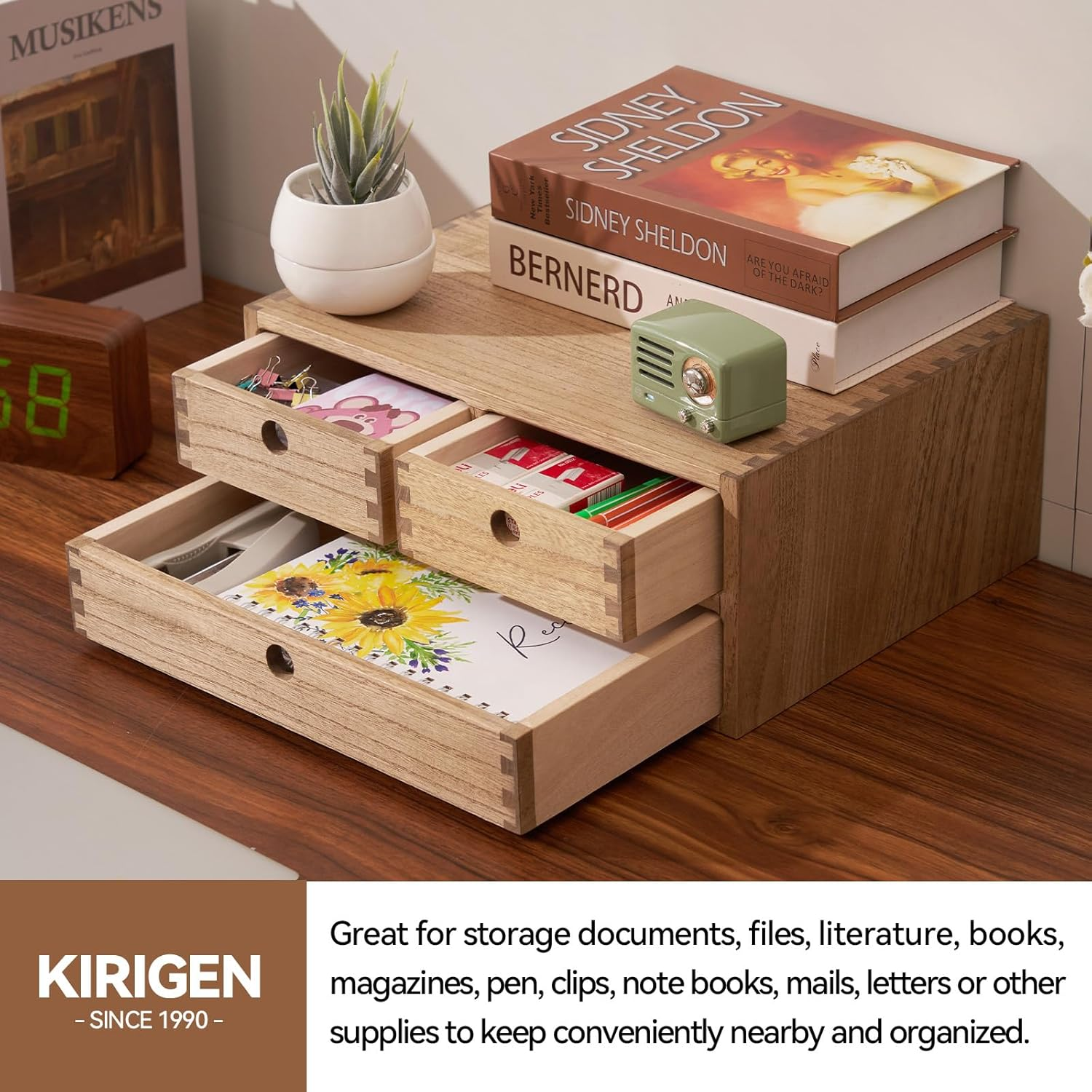Kirigen Wooden Desktop Organizer - Office Supplies Filing Tidy Storage Shelf - Storage Cabinet/Jewelry Organizer with 3 Drawers(Br, 2-Layer &3 Drawers) image number 4