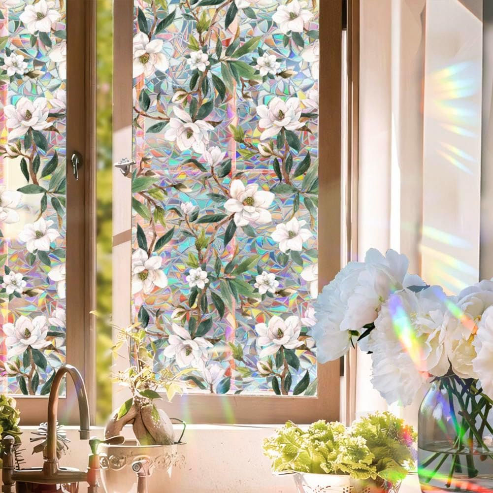 JOONOR Retro Gardenia Flowers Window Privacy Film,Gardenia Stained Glass Window Tint for Home,3D Rainbow Static Cling Sticker for Bathroom Living Room Glass Door,16.93 X 39.37 Inch image number 2