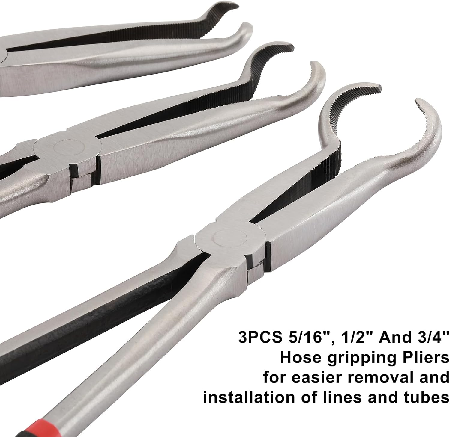 CASOMAN 3Pcs 11" Hose Gripper Plier Set, Black & Red, 5/16-Inch, 1/2-Inch, 3/4-Inch Dia, Offset Spark Plug Boot Removal Pliers Serrated Jaws for Hard to Reach Narrow Spaces image number 4