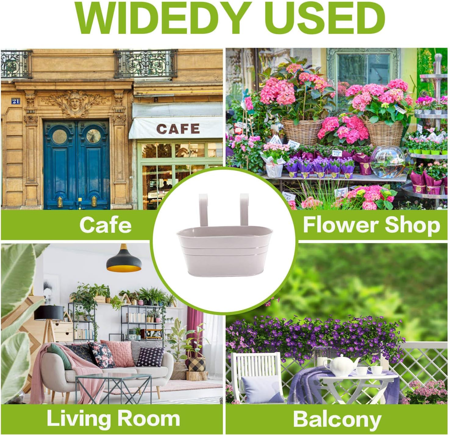 River 2 Pack Metal Iron Hanging Flower Pot, Oval Railing Planter Fence Garden Balcony Planter Hanging Plant Pot Metal Bucket Flower Holders with Detachable Hooks for Outdoor Indoor Home D&eacute;cor(Grey) - Grey image number 2