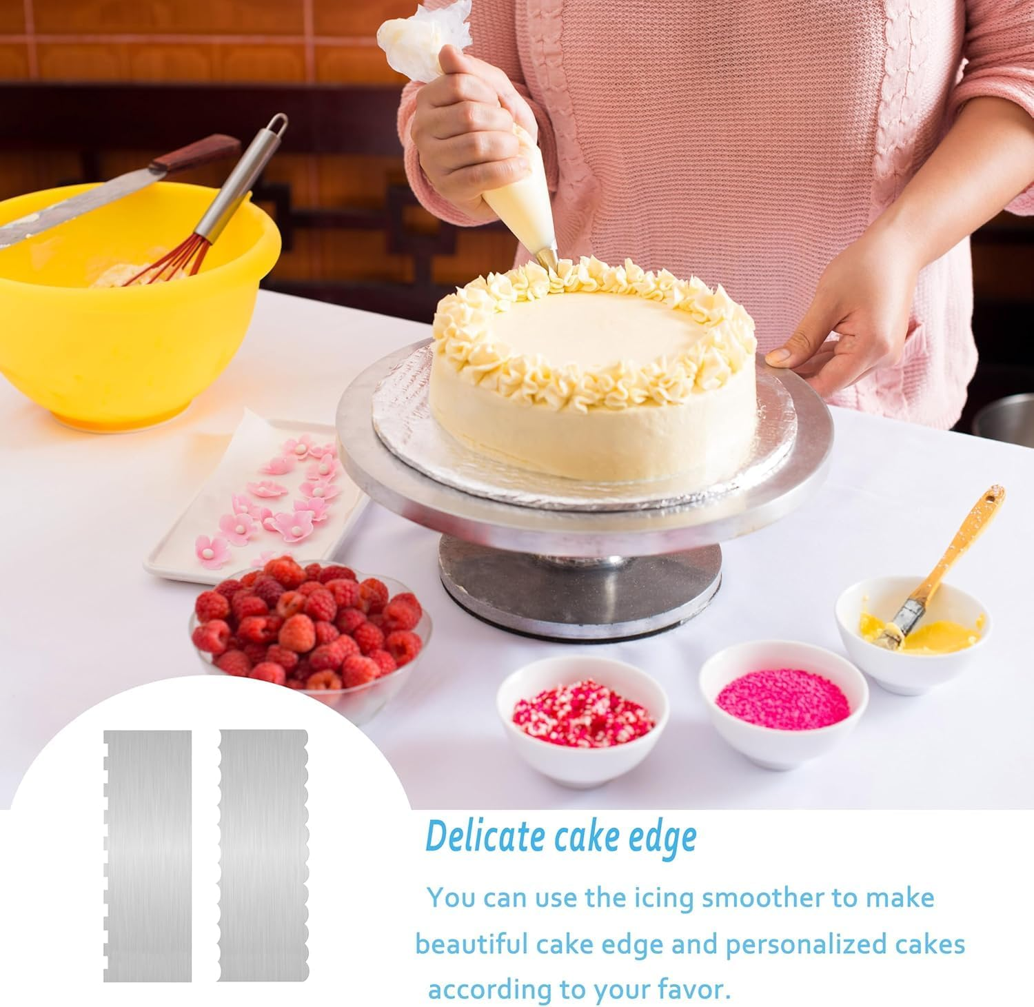 2 Pieces Stainless Steel Cake Scraper with Double-Sided Patterned Edge and Stripe Design ， Perfect Smoother and Decorating Comb for Mousse, Buttercream, and Cream Cake Decoration (Silver) image number 2