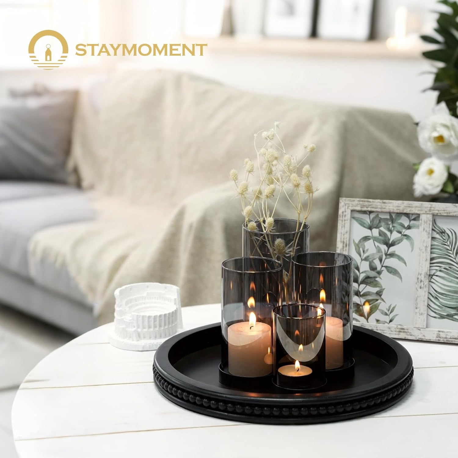 Glass Lanterns, Black: Set of 6 Lanterns, Outdoor Table Decoration, Glass Cylinder Candle Holder, Metal, Modern Decoration, Living Room, Bathroom, Patio, Lanterns, Outdoor and Indoor Tea image number 1