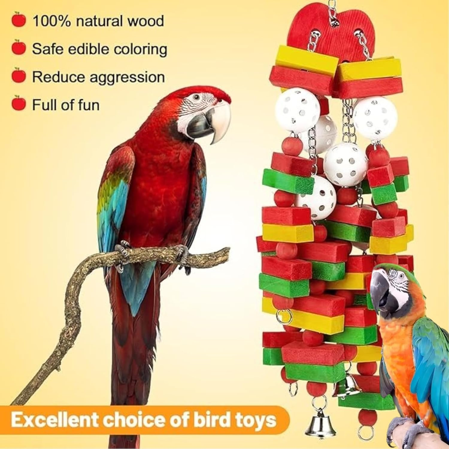 Wabmipe Large Bird Macaw Toys, 56 Cm Natural Wood Blocks, Colourful Parrot Chewing Toy with Bell for Macaws and Cockatoos image number 2