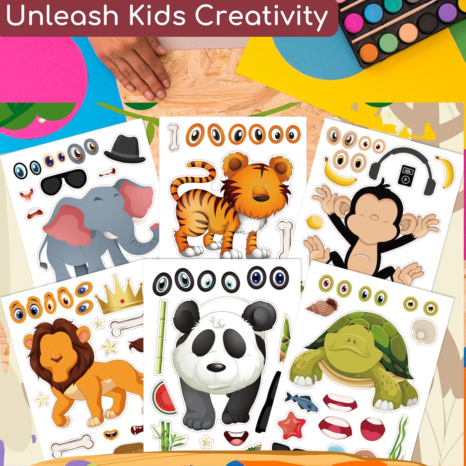 Make a Face Stickers for Kids 24Sheets Make Your Own DIY Sticker Fantasy Animal Face Stickers with 6 Design Party Favors Travel Activities for Birthday Party Games image number 3
