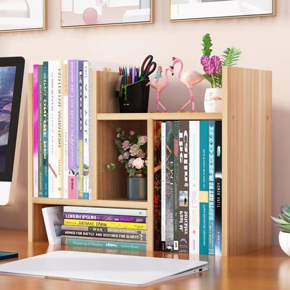 Hbluefat Desktop Organizer Office Storage Rack,Small Adjustable Wood Display Shelf, Expandable Desk Bookshelf, Mini Countertop Bookcase (Light Walnut) image number 2