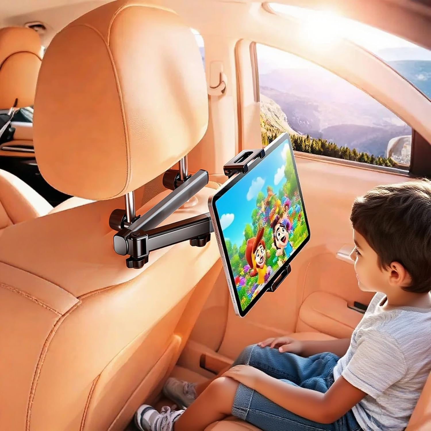 Car Headrest Tablet Holder, 3 In1 Stretchable Ipad Iphone Mount for Car Backseat, Universal 360&deg; Rotating Car Back Seat Stand Cradle Compatible (2-Fold) image number 1