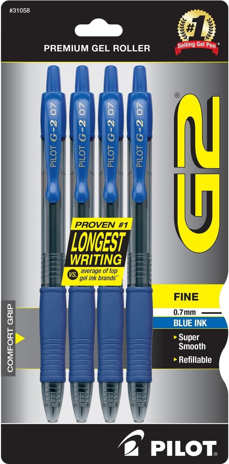PILOT G2 Premium Refillable & Retractable Rolling Ball Gel Pens, Fine Point, Black Ink, 4-Pack (31057)