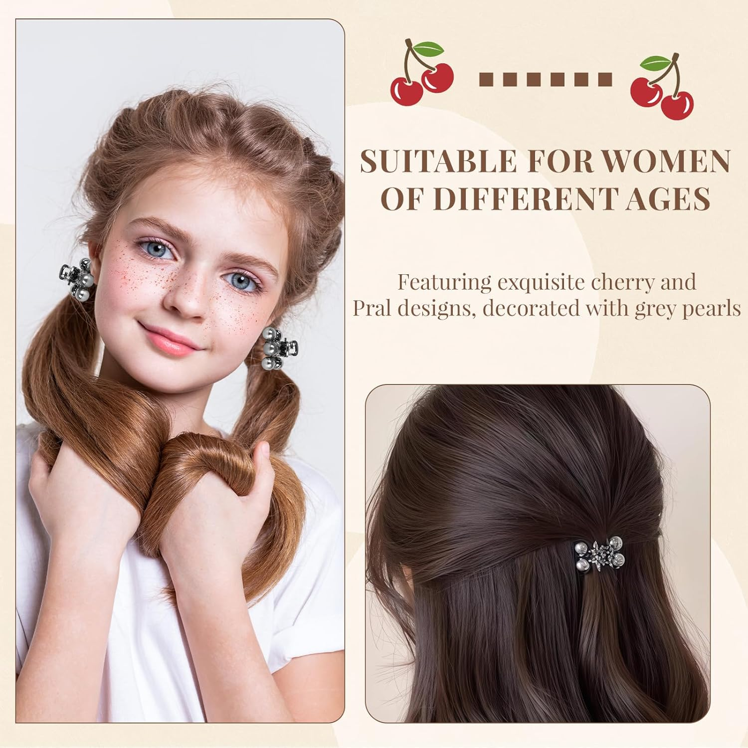 Yamobi Pack of 4 Mini Cherry Hair Clips, Cute Pearl Claw Clips for Women and Girls, Mini Cherry Hair Clips for Half Hairstyles image number 6