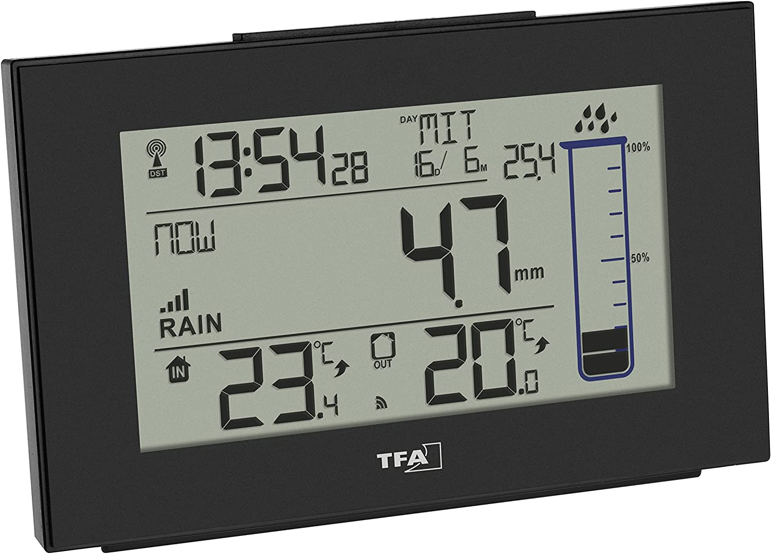 TFA Dostmann Splash 47.3006.01 Digital Wireless Rain Gauge for Garden Rain Gauge Wireless with Self-Draining Black
