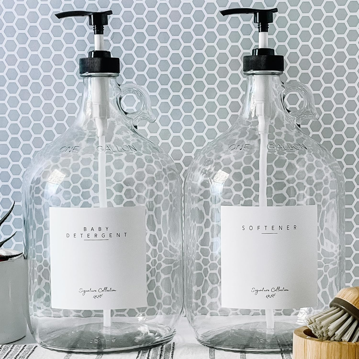 Laundry Detergent and Fabric Softener Dispenser - Two One Gallon Glass Jugs, 128 Oz - Black Liquid Pump, Includes 4 Labels image number 1