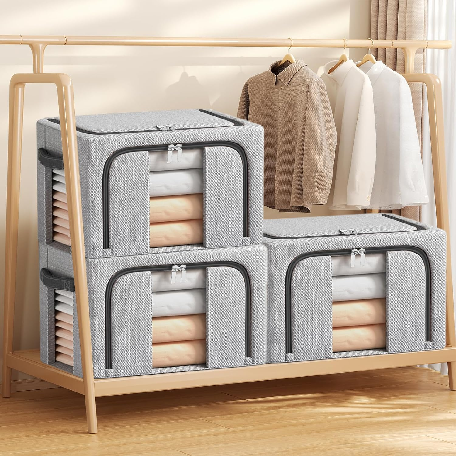 Resszo Pack of 3 Foldable Storage Boxes, 24 L Cupboard Organiser for Clothes Storage & Organisation, with Metal Frame and Zip, Suitable for Duvets, Blankets and Clothes - Grey image number 1