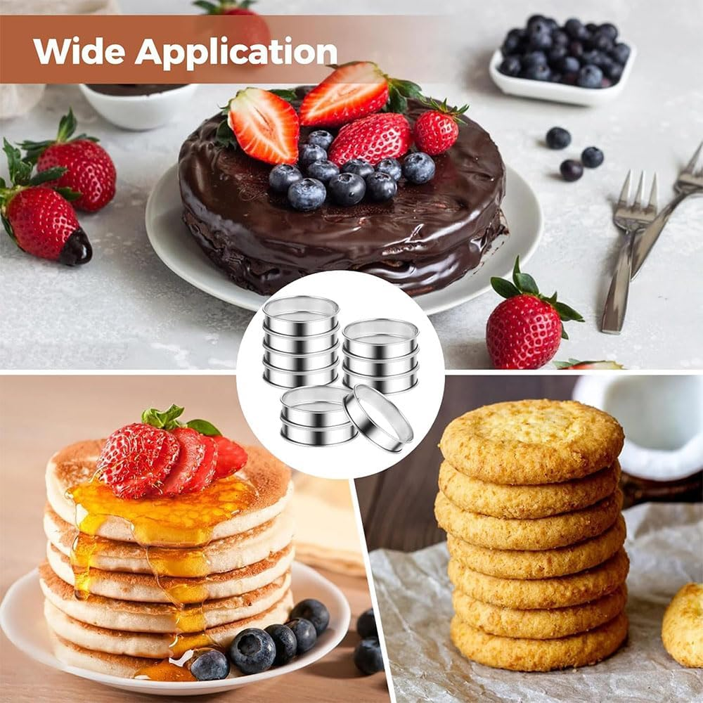Aufondof 8 Pack 4 Inch Metal English Muffin Rings Double Rolled Nonstick Pastry Ring Mold Stainless Steel Muffin Tart Rings for Dessert Food Making Tool Kitchen Baking