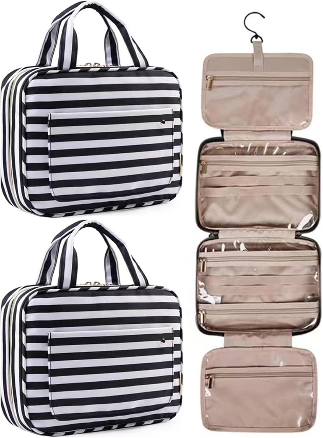 2 PCS Hanging Travel Toiletry Bag with Hook, Large Capacity Makeup Bag for Women & Men, Foldable Waterproof Cosmetic Organizer with 4 Transparent Compartments for Bathroom, Travel Essentials (Pink)