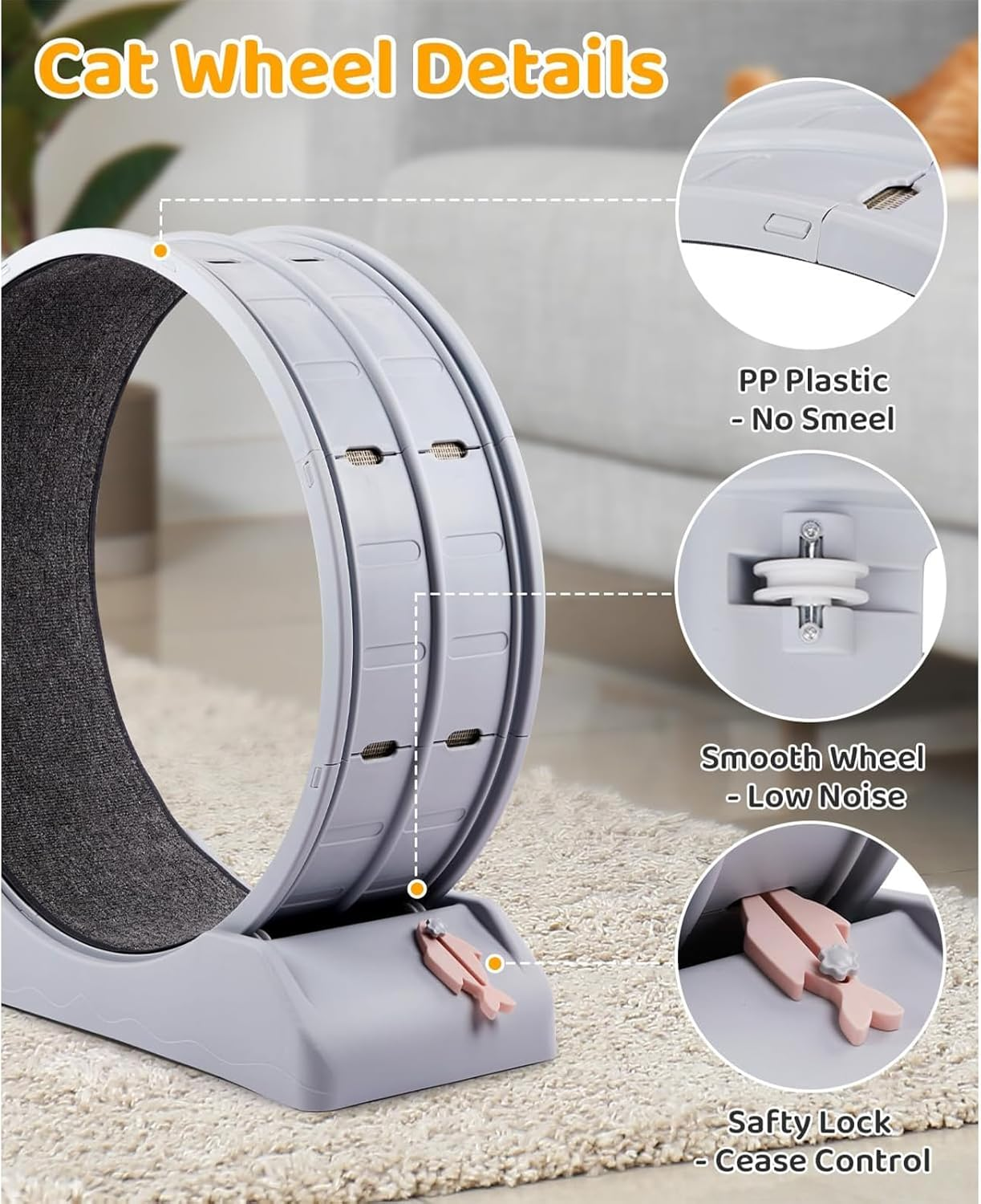 Cozioz Cat Exercise Wheel, 88Cm PP Plastic Treadmill for Indoor Cats, Quiet Running with Carpeted Wheel, Helps Cats Lose Weight and Stay Healthy, Easy to Install image number 3