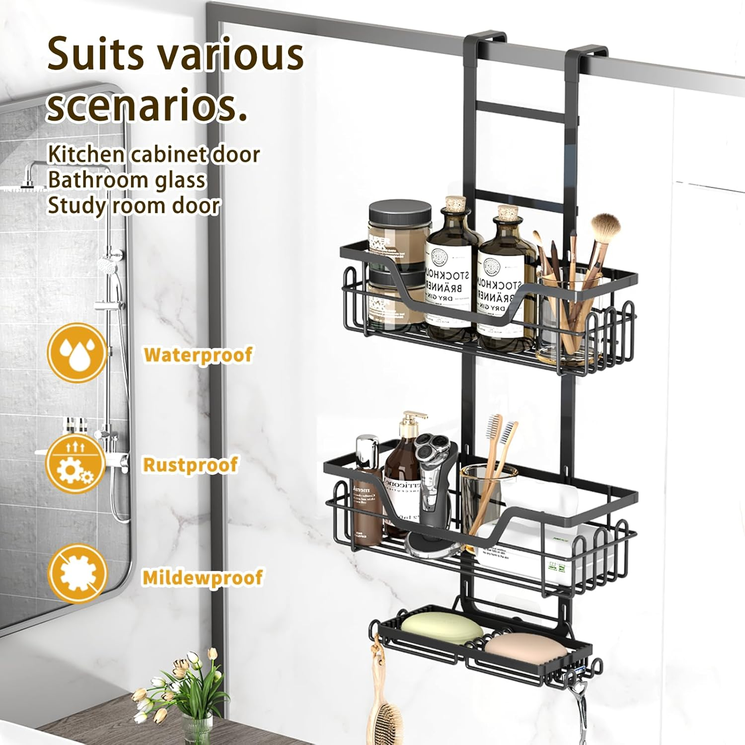 Gabeeriso over the Door Shower Caddy Hanging, Rustproof Bathroom Caddy Shower Shelf with 16 Hooks,Bathroom Organizer Space-Saving Storage for Shampoo, Soap & Towels(Black 3-Tier Over-The-Door) image number 5