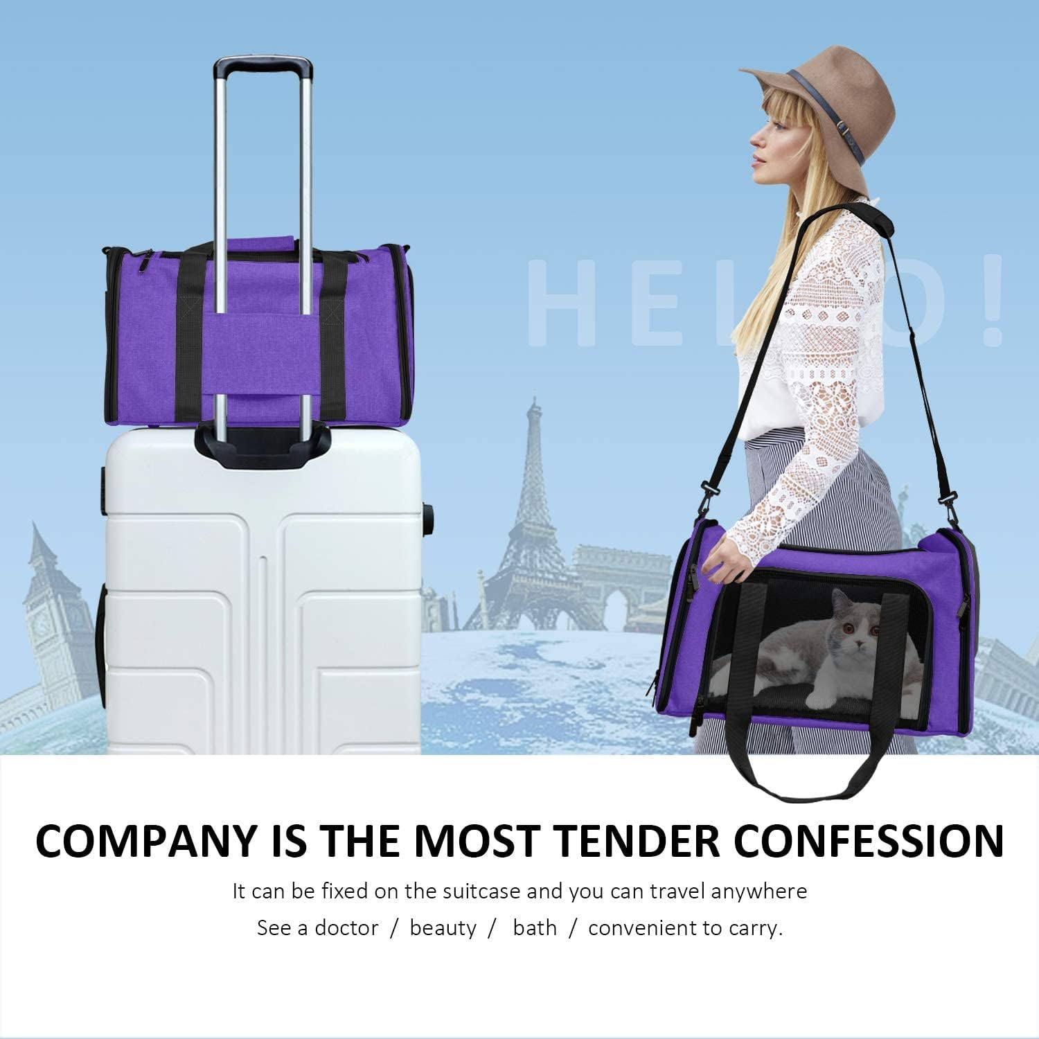 Henkelion Large Cat Carriers Dog Carrier Pet Carrier for Large Cats Dogs Puppies up to 25Lbs, Airline Approved Big Dog Carrier Soft Sided, Collapsible Waterproof Travel Puppy Carrier - Purple - Blue image number 4