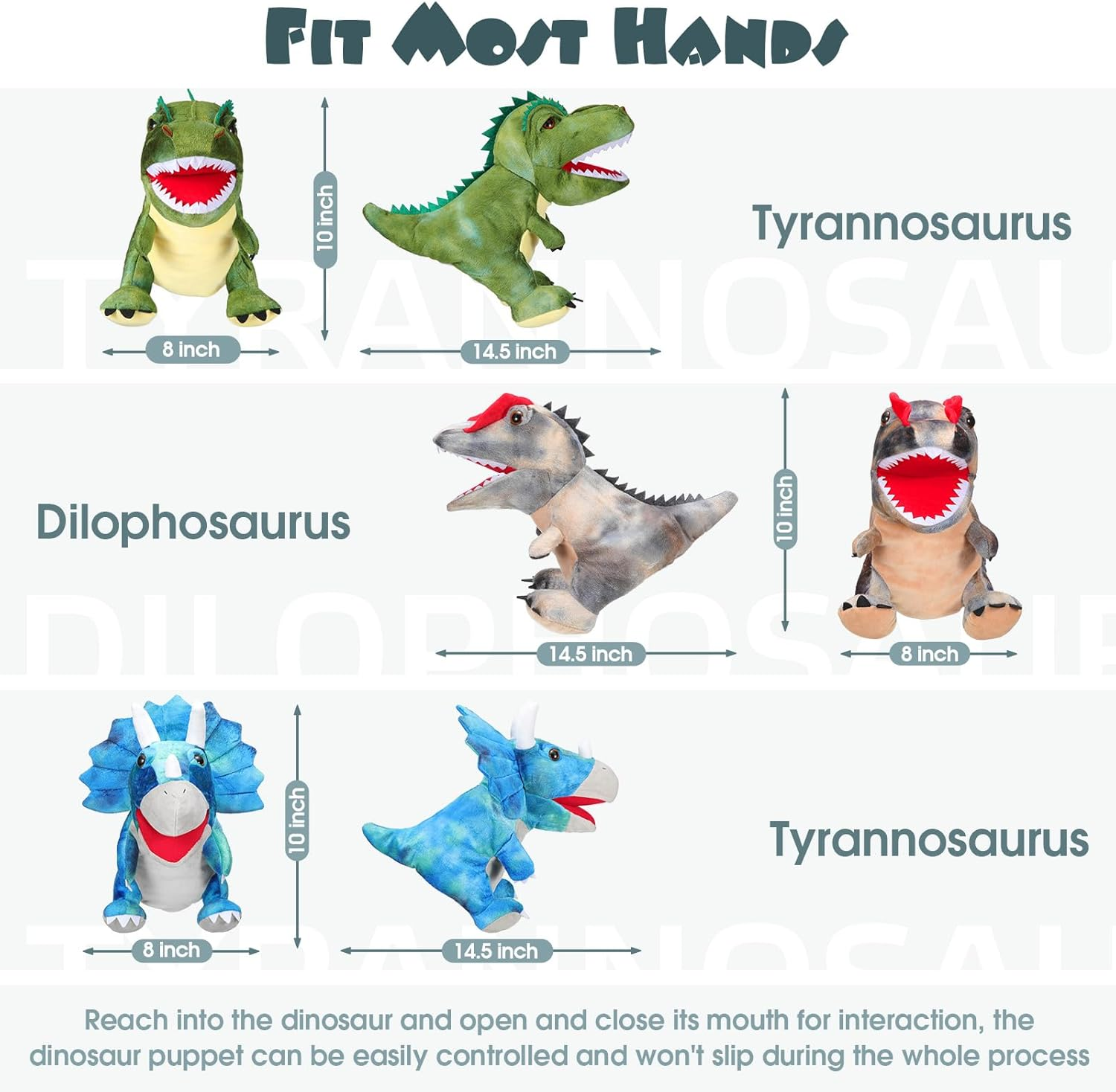 Silipull 3 Pieces Dinosaur Hand Puppets 12 Inch Plush Stuffed Animals Puppet Dinosaur Soft Toys for Animal Storytelling, Teaching, Preschool, Role Play (Tyrannosaurus, Triceratops, Dilophosaurus) image number 1