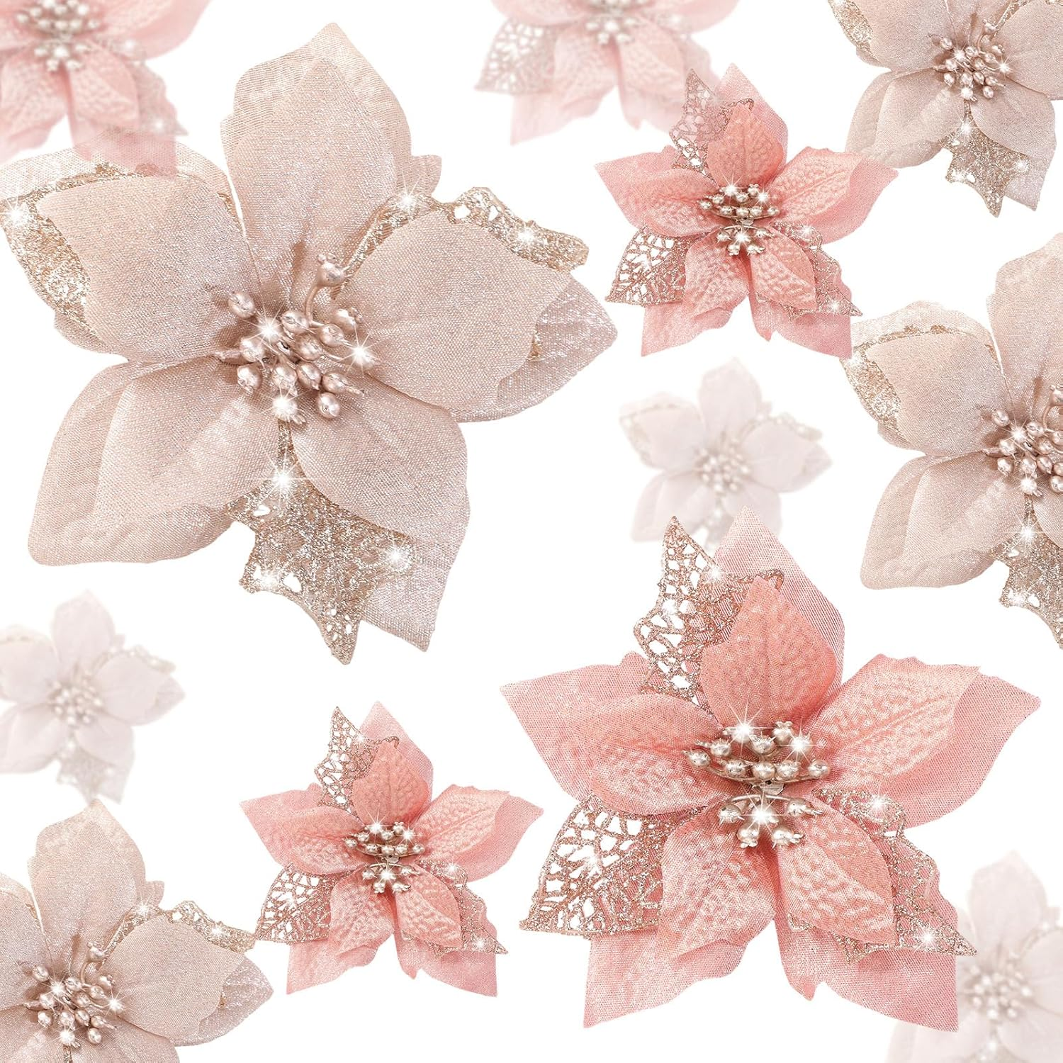 WILLBOND 36 Pieces Christmas Poinsettia Glitter Faux Flowers Christmas Artificial Flowers Tree Ornaments Topper Xmas Decorations(Blue-Green)