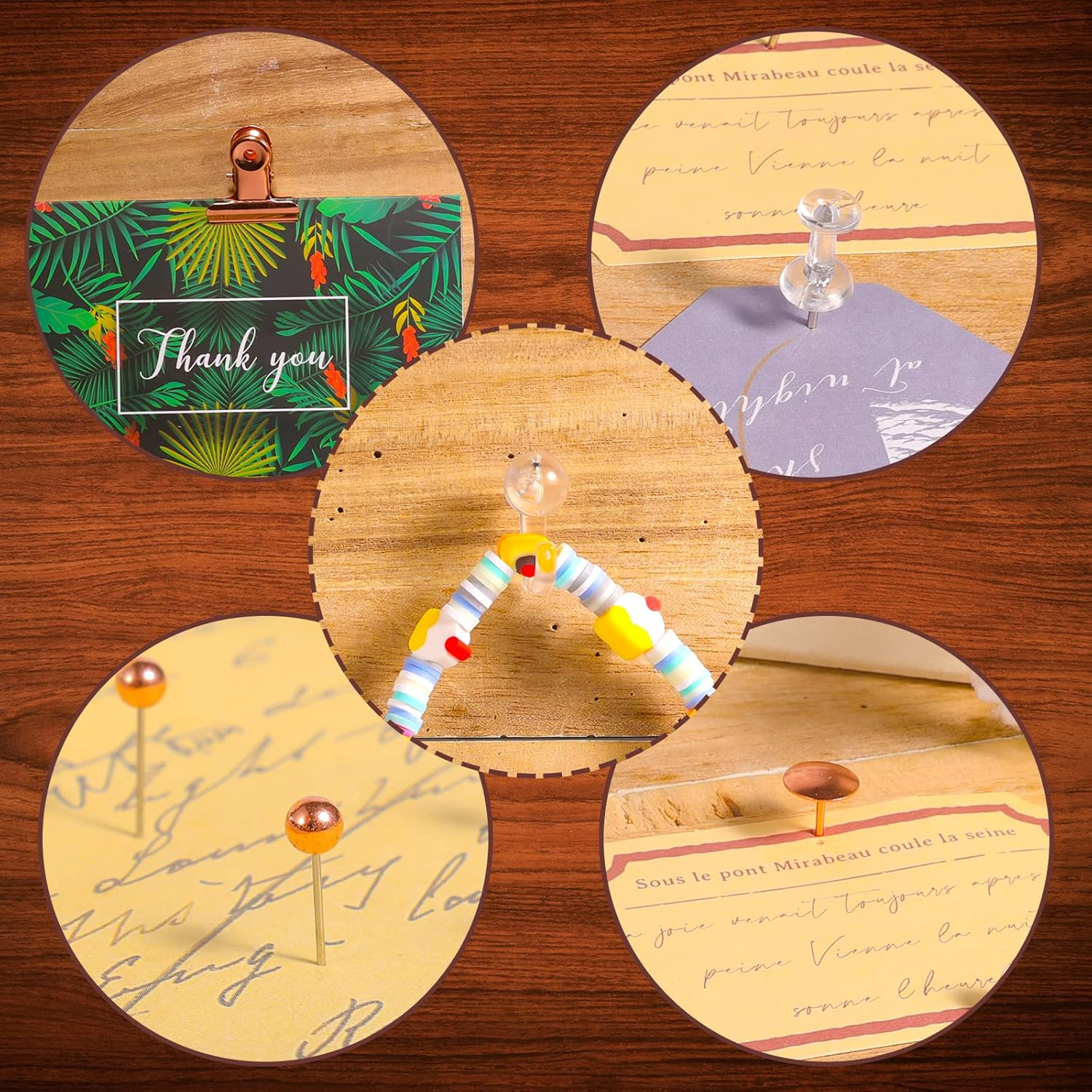 AIEX 465Pcs Clear Push Pins Set, Metal & Plastic Pushpins Clips Thumb Tacks and Push Pins for Cork Board Bulletin Board Wall 5 Styles Office Supplies (Rose Gold) - Rose Gold image number 3