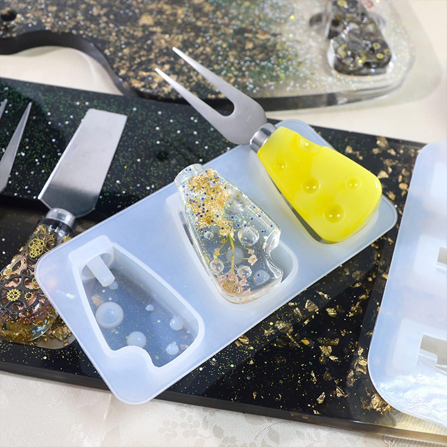 Charcuterie Board Resin Knife Base Handle Mold Collection,3Pcs Handle with 5Pcs Blade Resin Casting Mold for DIY Cutlery Handle Epoxy Resin Mold (5PCS Tableware) image number 1