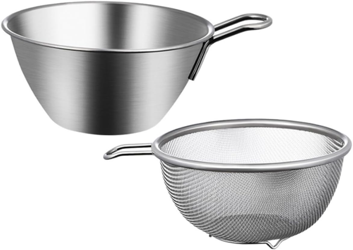 1 Set Stainless Steel Mixing Bowls Metal Mixing Bowls Metal Colander Salad Mixing Bowls Food Strainer Stainless Steel Colander Rice Colander Steel Strainer Sieve Small Water Filter image number 4