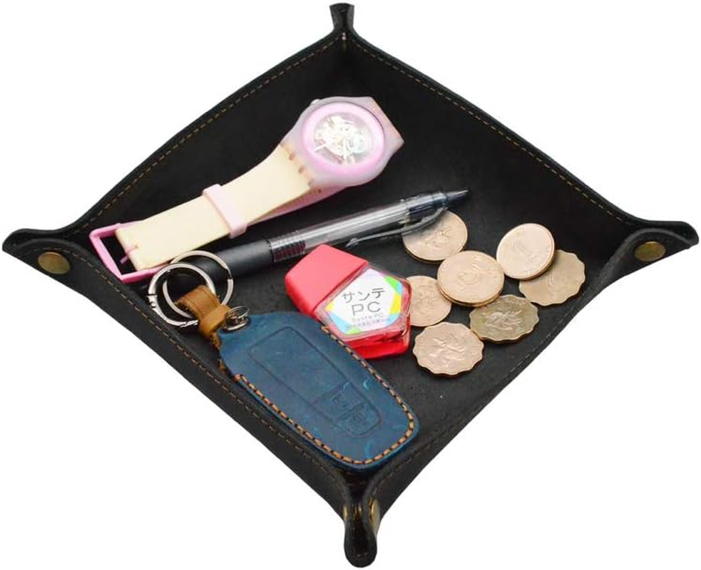 Valet Tray- Genuine Leather Catchall Tray Desktop Storage Organiser- beside Trinket Vanity Tray for Key, Wallet, Phone, Watches, Candy-Black image number 6