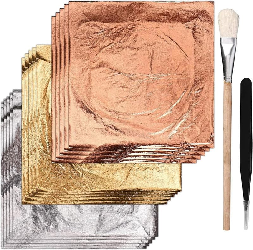 150Pcs Gold Foil Sheet with Tweezer and Brush,Imitation Gold Foil Sheet with Tweezer and Brush,Rose Gold Silver Gold Foil Sheet with Gilding Brush Tweezer,Foil Paper Art Gold Foil Sheet with Tweezer image number 4