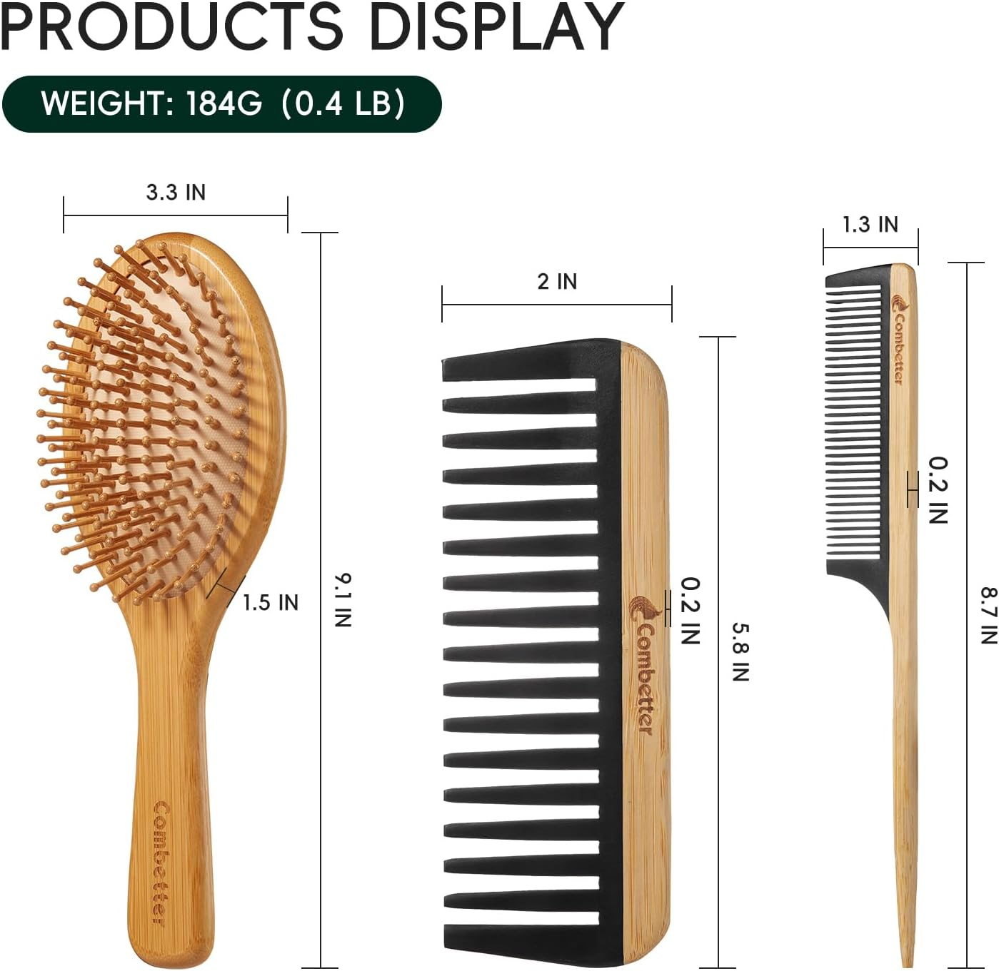 Bamboo Hair Brush Set, Natural Wooden Paddle Detangling Hairbrush, Eco-Friendly & Bakelite Durable Wide-Tooth Comb & Rat Tail Comb for Women, Men, Kid image number 2
