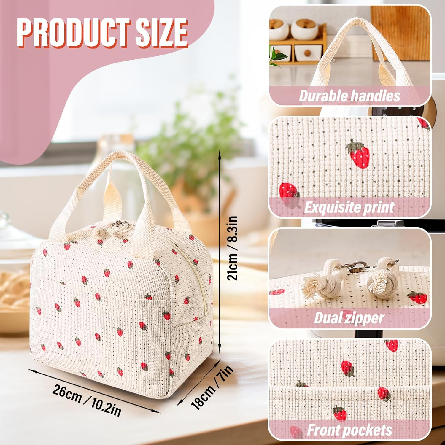 Viiotu Insulated Lunch Bag for Women,Large Lunch Bag with Insulation Aluminum Foil Pearl Cotton for Work, School, Picnic (Strawberry)