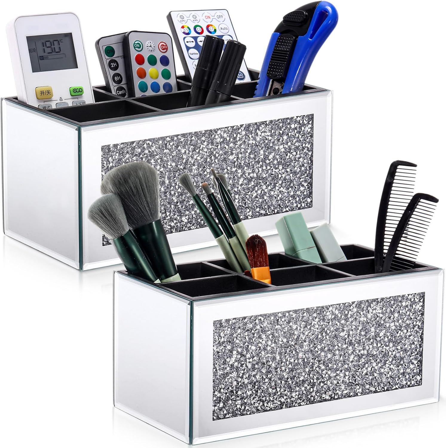 Tanlade 2 Pcs Mirrored Makeup Brush Holder Remote Holder, Mirrored Makeup Organizer with Crushed Diamond Crystals, Vanity Cosmetics Organizer Solution, Pencil Holder Organizer for Desk (3 Compartment) image number 1