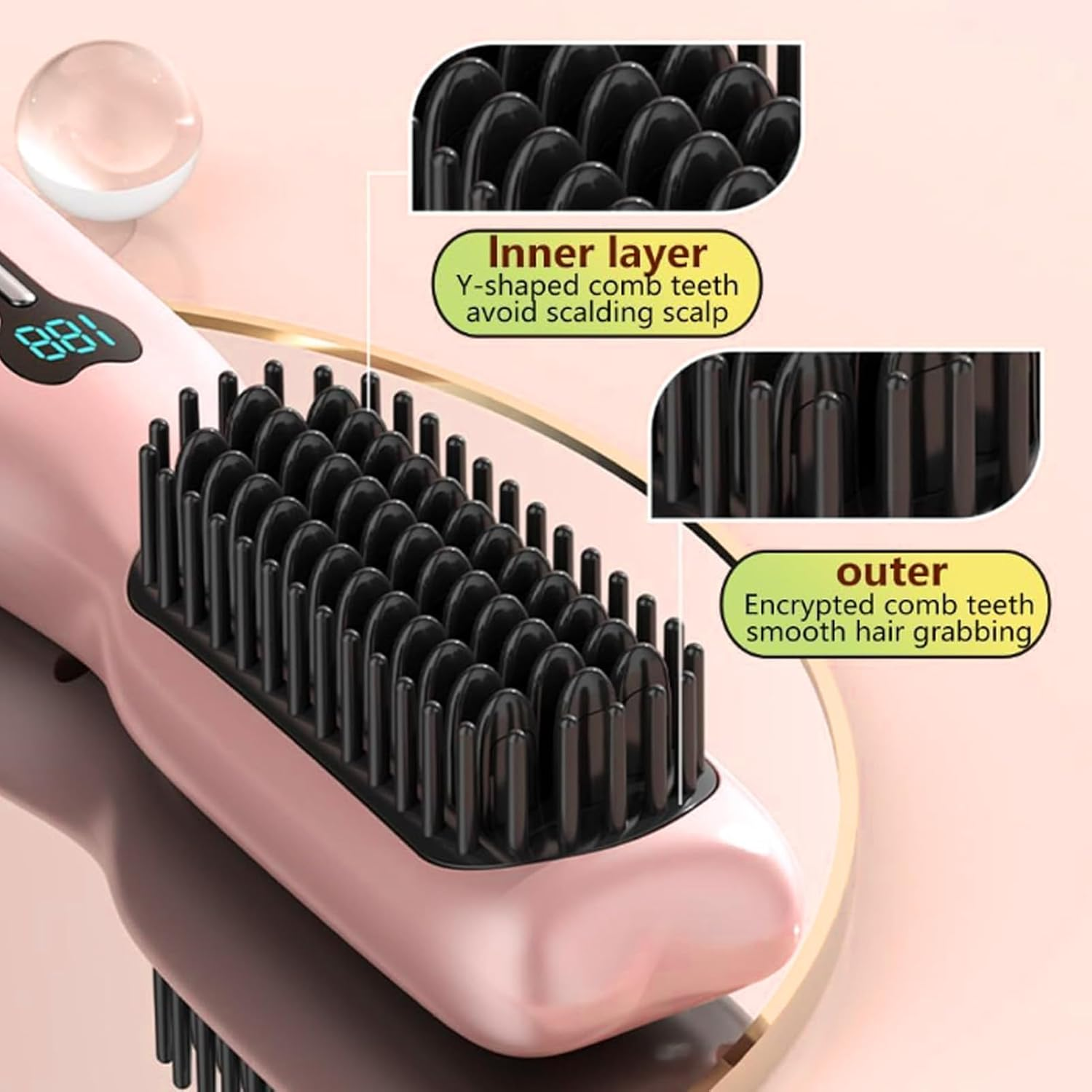 Yosoo Cordless Hair Straightener Comb with Fast Heating, 11 Temperature Adjustment, Portable Antiscald Straightening Brush for Different Hair Types