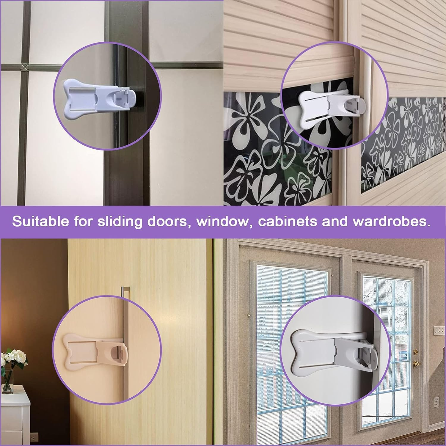 Baby Proofing Sliding Door Lock 6-Pack - No Drill Adhesive Safety Latches for Glass Doors/Cabinets/Windows, Child & Pet Proof Security Lock for Home