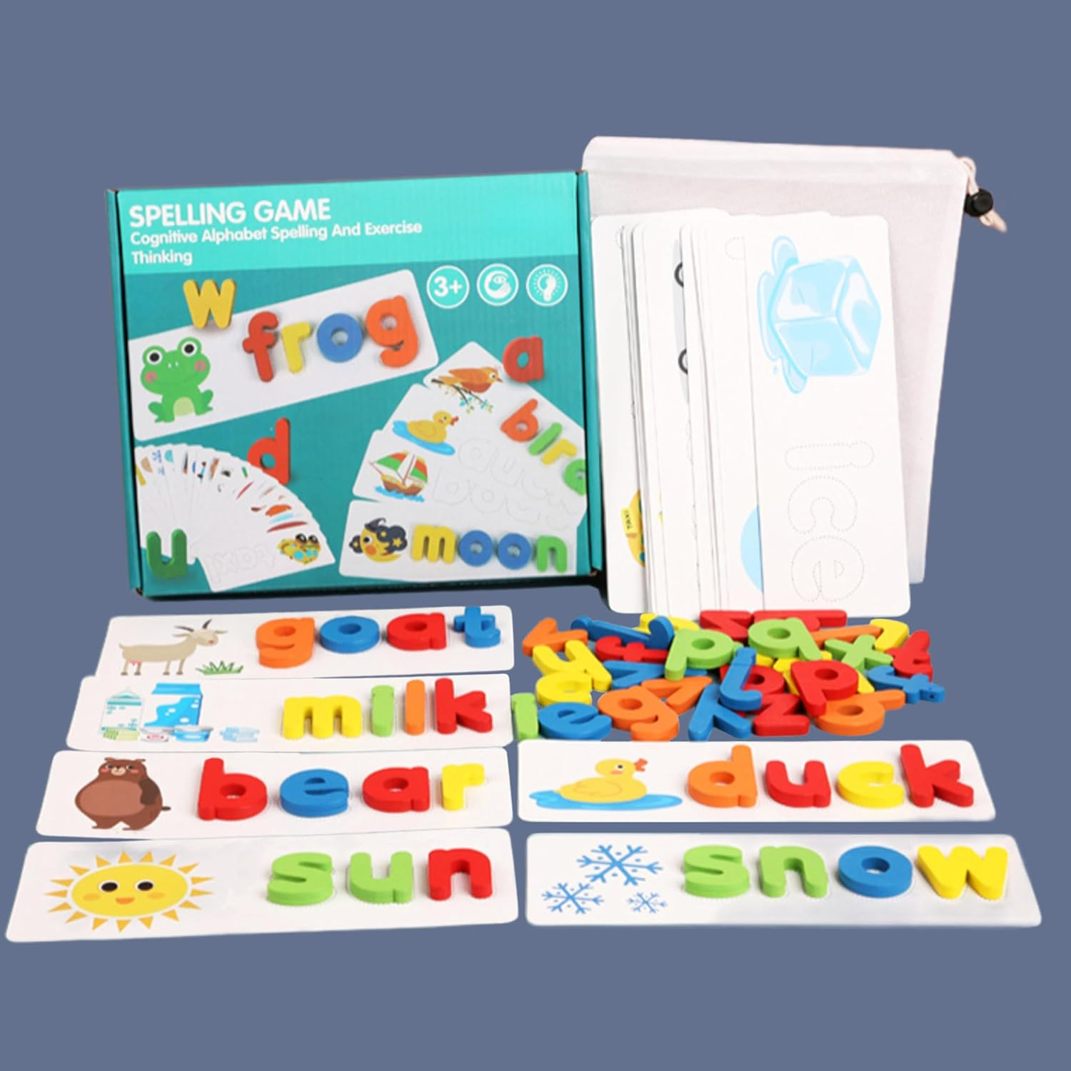 BEACENOV Toddler Reading and Spelling Learning Toys,52 Wooden ABC Alphabet & 28 Words Flash Cards,Montessori Preschool Learning Educational Toy,Letter Matching Game image number 3