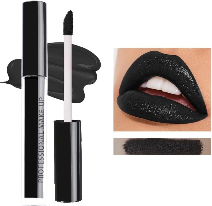 Halloween Matte Liquid Lipstick Tube, Waterproof Lip Gloss High Pigmented Matte Velvety Creamy Lipstick, Smudge Proof & Non-Stick Lip Stain, Bold Goth Face Paint (Black, M) image number 1
