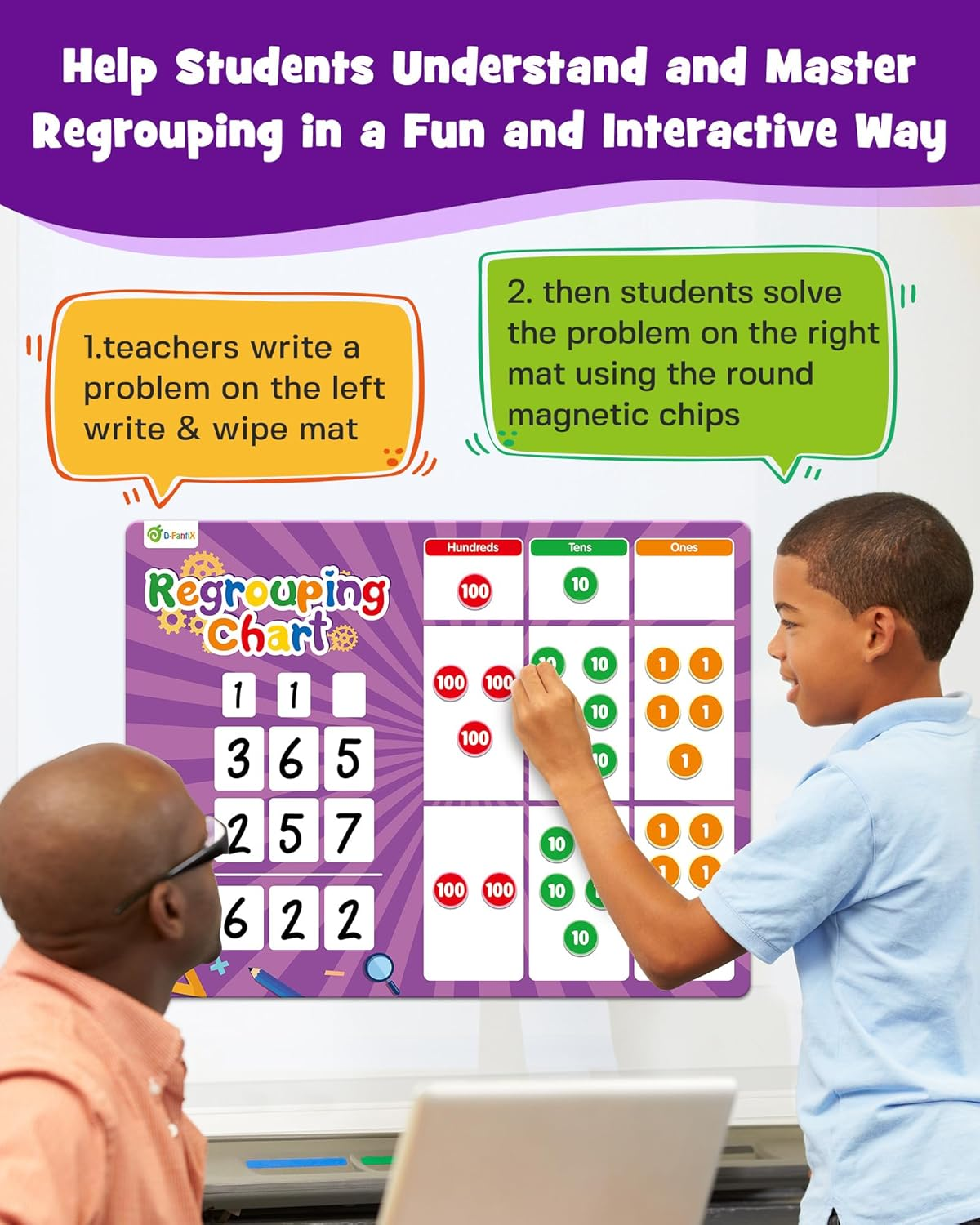 Regrouping Base Ten Place Value, Addition and Subtraction Math Manipulatives for 1St 2Nd 3Rd Grade, Double Sided Magnetic Dry Erase Board for Kids Classroom Must Haves Homeschool Supplies image number 2