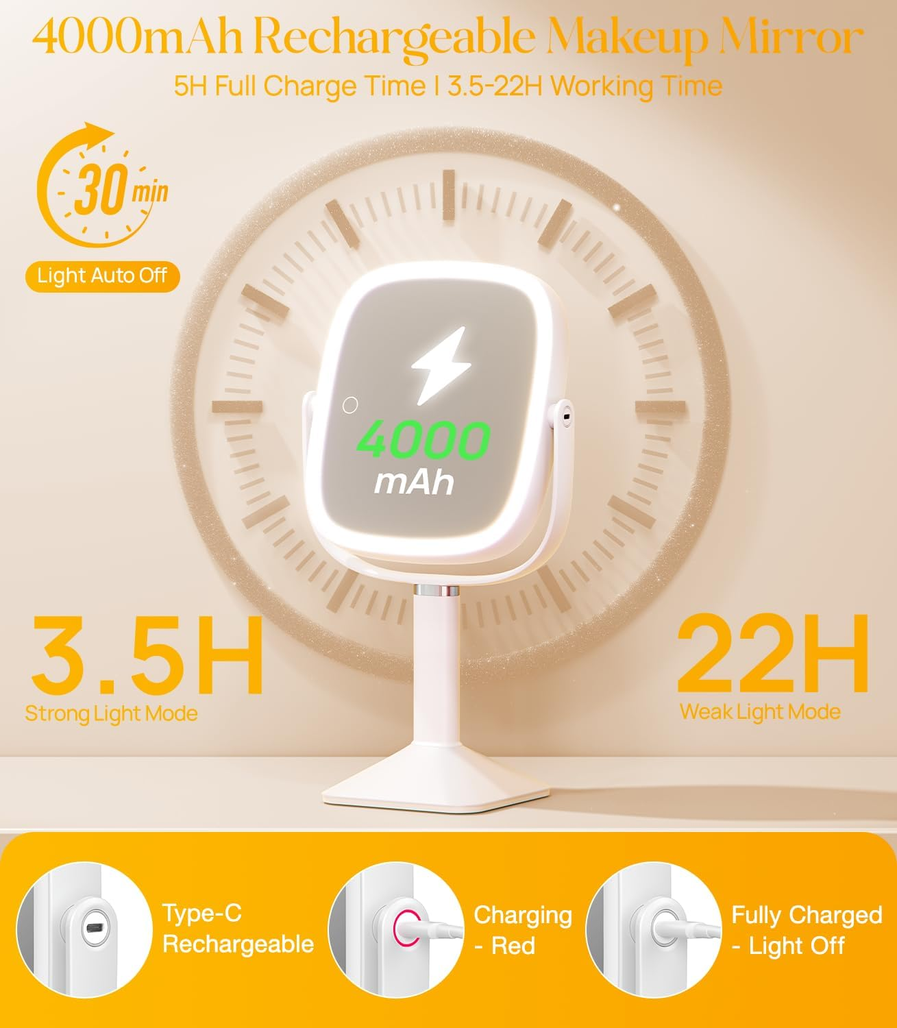 Gospire Rectangle Lighted Makeup Mirror with Magnification, 10X Magnifying Mirror with Lights 3 Color, Height Adjustable and 4000Mah Battery for Bedroom Bathroom, Large Surface for Women or Men- White - White image number 5