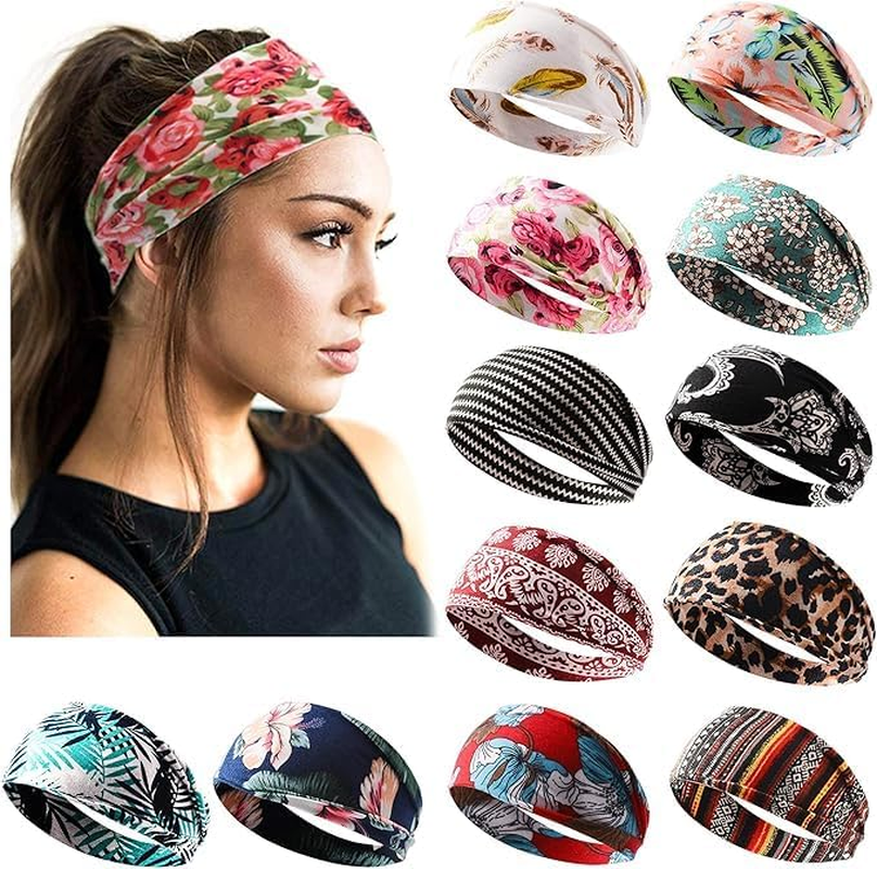 Miners2000 12 Pack Headbands for Women Boho Printed Non Slip Hair Band Sport Yoga Running Elastic Sweat Hair Wrap for Girls image number 5